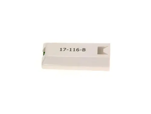 Weißes Bosch-Produktionsteil mit der Aufschrift "17-116-B", rechteckig geformt und an der Seite mit einer Aussparung.